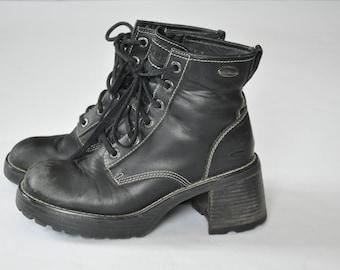 90s Skechers Black Leather Boots // Chunky Boots // Platform Boots // Lug Sole // Combat Boots // Streetwear // 90s Grunge // sz 6.5