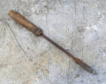 Antique soldering iron number 4, with copper head. Hand forged iron, wooden handle. Old vintage tools. Welding tool. Man shed man cave decor