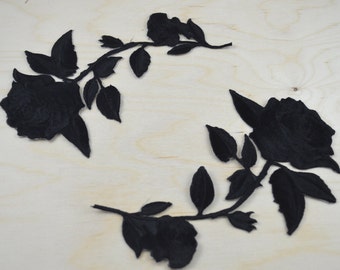 Black Rose Patch 2 Black Embroidery Patches/ Black Flower Applique Iron-on Backing Option for Mirrored Shape. Please Leave Note on Purchase