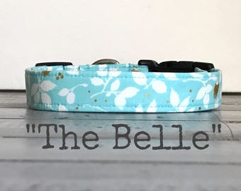 DOG COLLAR, The Belle, Dog Collar for Girls, Aqua with Gold, Dog Collars, Pretty Dog Collars