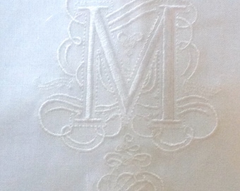 Embroidered "M" Monogram Guest Towel in white with Gallucci Border/Free shipping in US