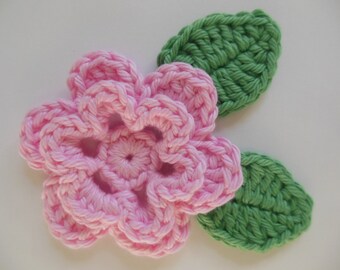 Crocheted Flower with Leaves - Pink and Apple Green - Cotton Yarn - Crocheted Flower and Leaf Appliques