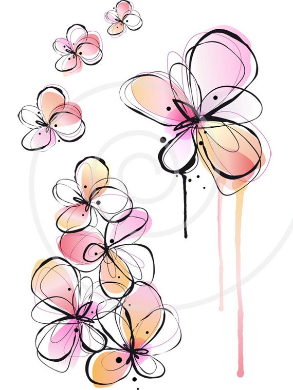 Abstract spring flowers digital clip art floral clipart ink