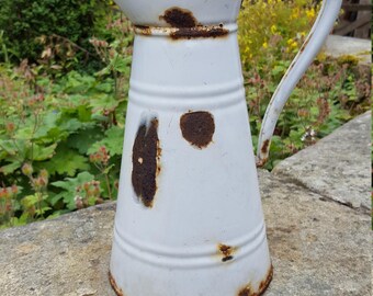 Vintage French Enamel Jug / French Metal Jug / Shabby Chic / Enamel Flower Vase / French Enamel / Pitcher / Kitchenalia / Enamel Broc / Vase