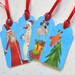 Christmas gift tags, decoupaged cardboard box winter hang tags, 4 upcycled christmas gift tags, Santa and snowman tag, xmas tree decoration