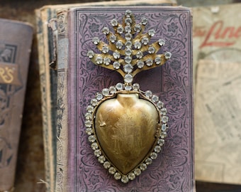 Sacred Heart, Heart Milagro, Gold Heart with distressed crystals