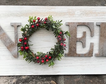 Farmhouse Christmas Sign, Fixer Upper Inspired Sign, Magnolia Christmas Sign, NOEL Wood Sign, Noel Sign, Wreath Sign, Faux Metal Letter Sign