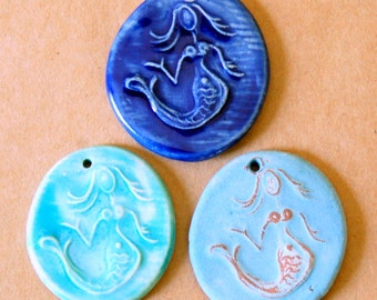 3 Handmade Ceramic Beads - Mermaid Pendants in Rustic Sky Blue, Aqua and Blue - Ocean Themed Handmade Pendants - Mermaid Charm