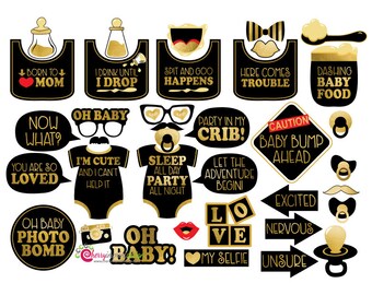 37 Funny Baby Shower Photo Booth Props - Gold and Black Themed Baby Shower - Gender Neutral INSTANT DOWNLOAD - DIY Printable (High-Res Jpeg)