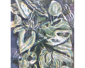 Wood Block Print - Botanical One OOAK by Marti Schmidt 12x15 - Fine Art, Floral, Coastal, Tropical