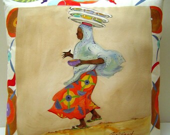 Africa: Feeding the Hungry Pillow Hand Painted Original Design A Heart for the Nations 16x17 African Woman Colorful Abstracts Unique Accent