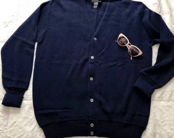 1970s Navy Blue Cardigan Sweater Size Large