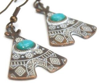 Sale| Copper Teepee Earrings, Tribal Earrings, Turquoise Earrings, Native, Tribal Earrings, Southwestern, Dangle, Blue Stone, Southwest Jewe