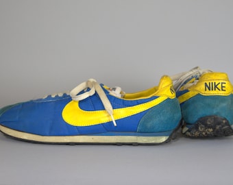 70s Nike Waffle Trainer Running Shoes Made in Japan Royal Blue and Gold Mens 11.5