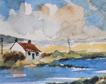 Seascape ORIGINAL Miniature Watercolour Cottage by the Sea ACEO For him, For her, Home Decor, Wall Art, Gift Idea, Free Shipping