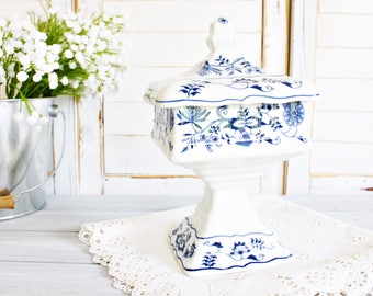 Vintage Blue Danube Wedding Pedestal Dish | Lidded Pedestal Dish, Blue White Decor, Blue Danube Pedestal Dish, Blue Onion Dishes