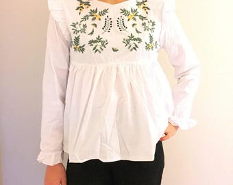 White Peplum Ruffle floral Embroidered Top Blouse