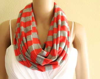 Coral Red And Grey Striped Circle Scarf. Stripe Infinity Scarf. Soft Cotton Spandex Loop Scarf.