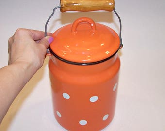 2.6 Liter Enameled Milk Can with a Lid and a Wooden Handle. Orange and White Polka Dot Milk Jar. Soviet Cream Can. Farmhouse Decor.