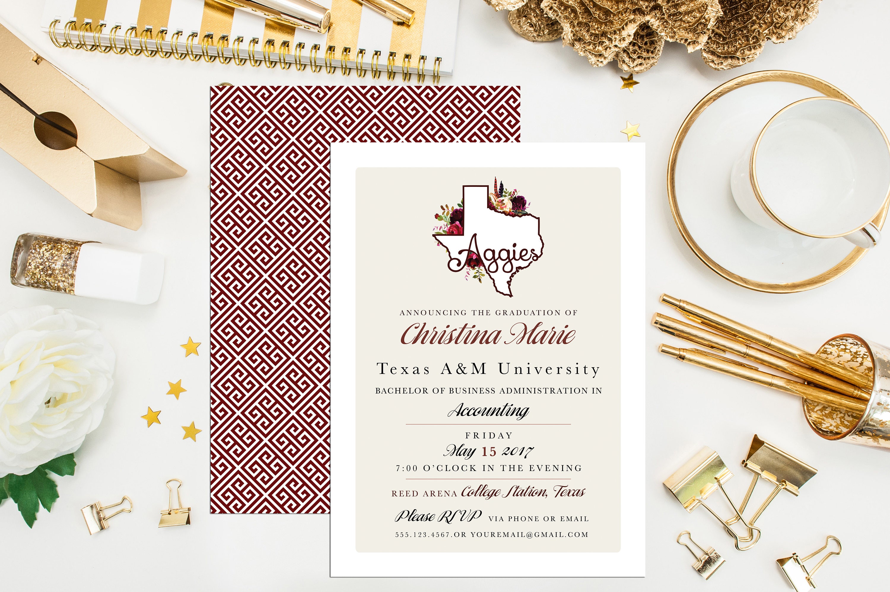 Texas Aggies Floral Graduation Invitations. Texas A&M