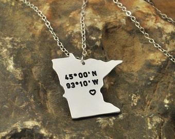 Minnesota necklace Latitude Longitude Necklace Coordinate 925 sterling silver necklace state necklace map necklace state charm