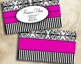 Elegant Pink Fuschia Black & White Damask Business Card Template Digital INSTANT DOWNLOAD 3.5 x 2 Inches Calling Card (BC25)