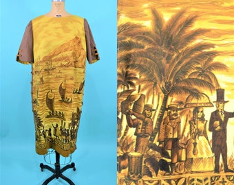 1970s Hawaiian dress | Stan Hicks unique novelty print brown tropical shift dress | vintage 70s dress | W 46"