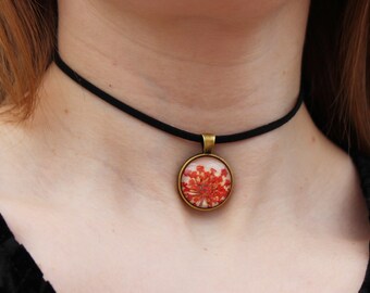 Red pressed flower choker
