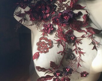 BURGUNDY 3D Lace Applique , Beaded and Embroidered for Lyrical Dance, Ballet, Couture Gowns F15