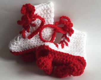 Roller skate baby Booties in white and red crocheted