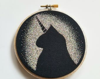 Unicorn Cat Embroidery Hoop, 4 inch embroidery hoop, rainbow, negative space, pointillism, embroidery art, hand embridery, unicorn, cat