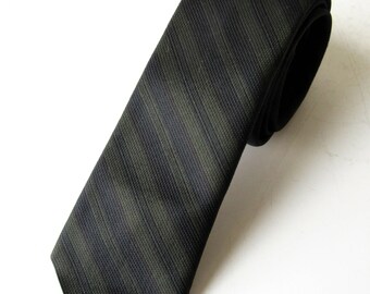 Vintage Skinny Tie Olive Green Navy Blue Striped Cavalier Dacron , SALE