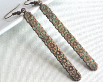 Long Drop Earrings - Flower, Verdigris Patina Earrings, Brass