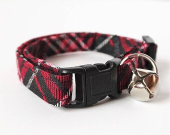 Fabric Cat Collar - Kitten Collar- Red and Black Lumberjack Plaid Cat Collar with Removable Bell-Breakaway Cat Collar