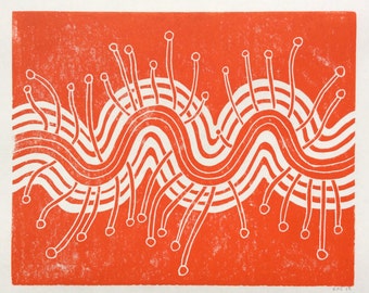 linocut - EMERGING // 9x12 art print // printmaking // block print // red orange // original // nature art // colorful wall art // 8x10