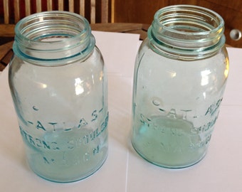 Antique Atlas Strong Shoulder Mason Aqua Glass Quart Fruit Jars