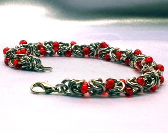Byzantine Chainmaille Bracelet with Red Beads