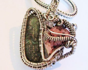 Handcrafted Topaz and Moldavite Sterling Silver Wire Wrapped Pendant.