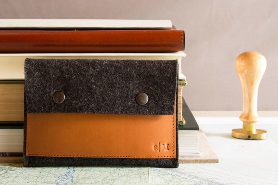 Felt and leather PASSPORT WALLET, passport case, charcoal and tan, wool felt, handmade, made in Italy