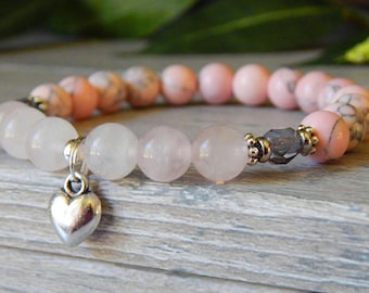 Pink Bracelet, Rose Quartz Jewelry, Pink Beaded Bracelet, Heart Bracelet, Pink Bead Bracelet, Pink Jewelry, Gemstone Bracelet, Heart Charm