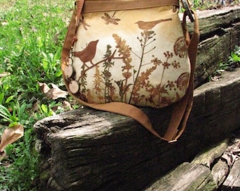 Golden Dandelion, Dragonfly, Bird Handmade Tote, Purse, Shoulder Bag, Cross Body Bag, Large Back Pocket, Inside zipper pocket, Keychain