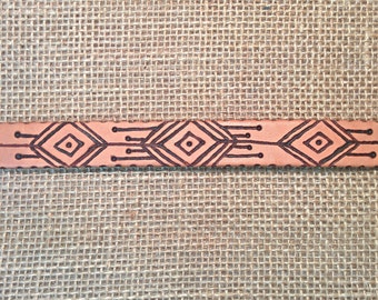 Leather bracelet hand burned, pyrography, native, tribal, henna design