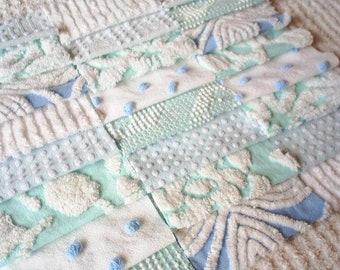 Vintage Chenille Bedspread Squares-24-6" -Aqua and Blue