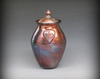 Raku Urn or Lidded Vase with Heart in Metallic Iridescent Colors