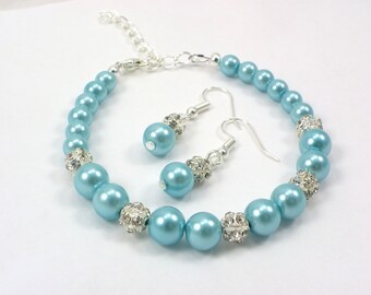 Aquamarine Blue, Teal blue, Turquoise, Bridesmaid gift, Bridesmaid Bracelet And Earrings set, note-card, bridesmaid jewelry, wedding jewelry