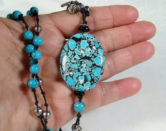 Brecciated Turquoise Pendant, Blue Turquoise Knotted Necklace, Boho Necklace, Long Necklace, Silver and Blue Turquoise