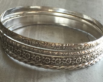 Sterling Silver Floral Boho Stackable Bangle Bracelet