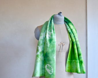 Hand Eco Dyed Scarf Green Toned Soft Merino Wool Fabric Wrap Shibori Style Organic Abstract Imagery