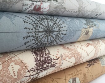 Vintage Style Map 100% Cotton Poplin Fabric **Ship Ocean Sea Boat Antique style**