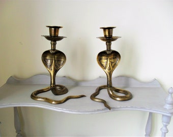 COBRA Candlesticks Pair BRASS Snake Candle Holders BOHO Brass Decor Two Brass Cobra Candlestick Holders Retro Brass 70s Brass CandleHolders